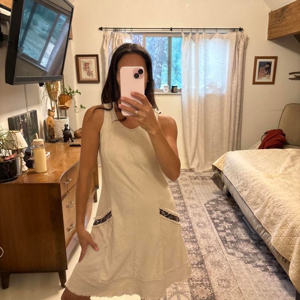 Boho Linen Sleeveless Knee-length Dress Beige Leopard Print Trim Frayed Hem